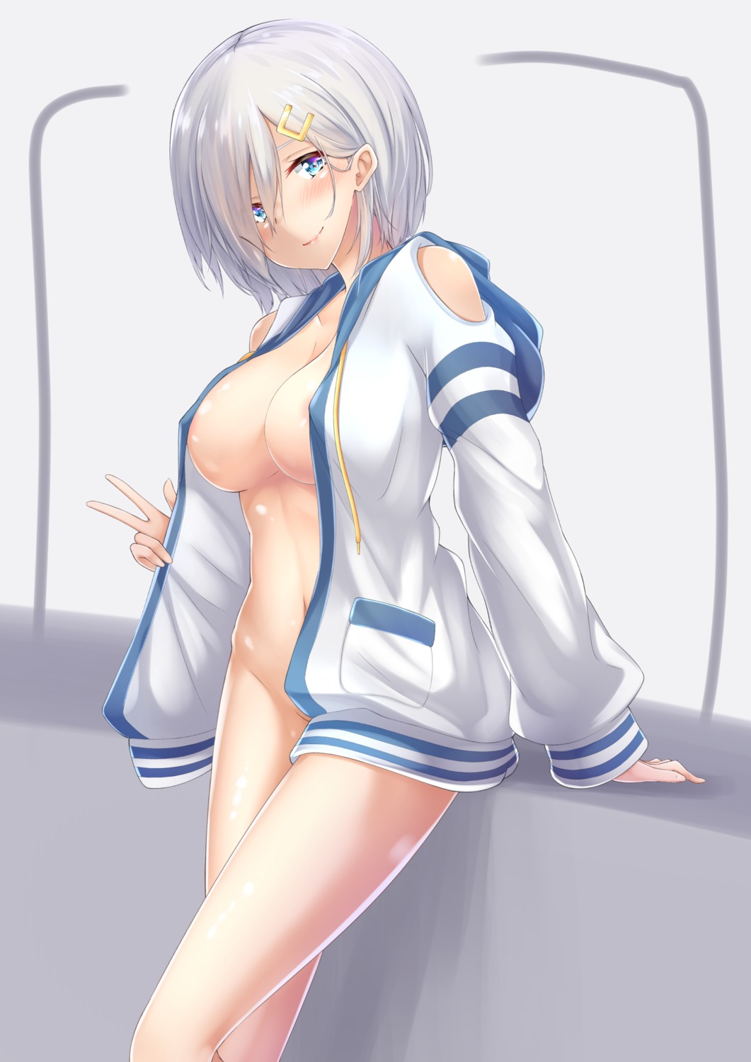 areola bottomless hamakaze_(kancolle) kantai_collection no_bra open_shirt toki_touyuu