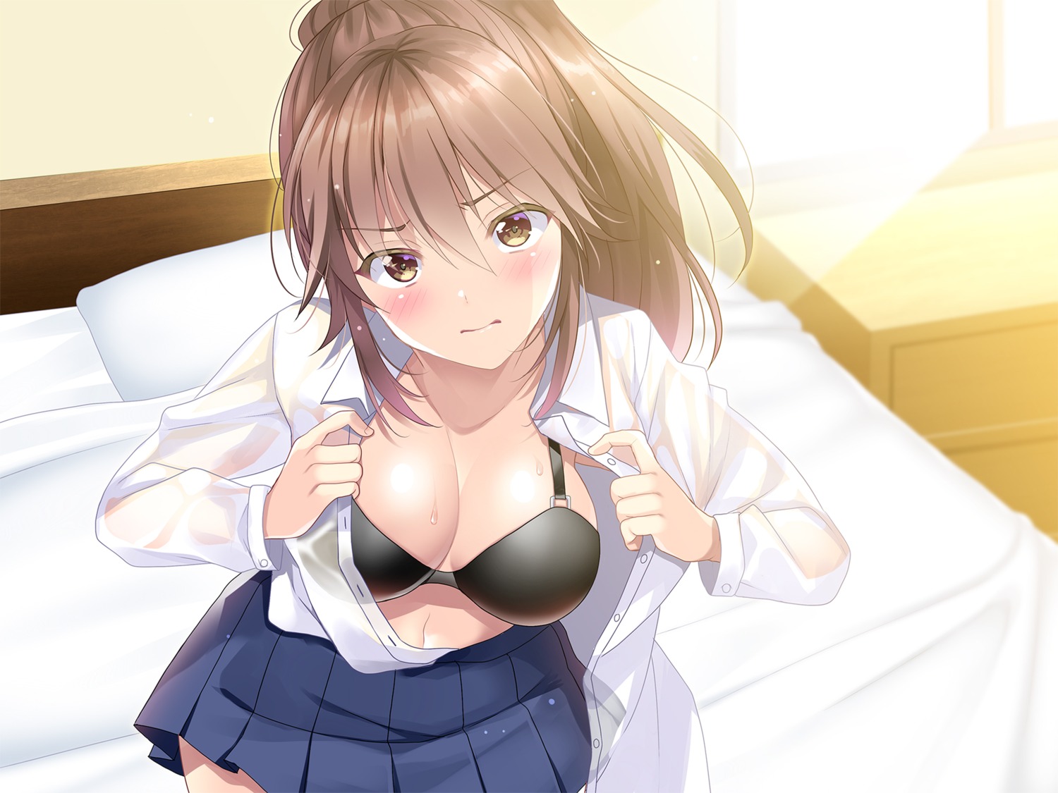 bra hako_(pixiv5280163) open_shirt see_through seifuku undressing wet_clothes