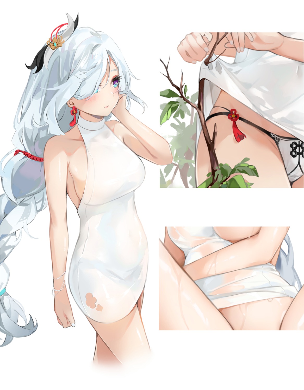 breasts dema_hmw dress genshin_impact no_bra nopan pantsu see_through shenhe skirt_lift wet wet_clothes