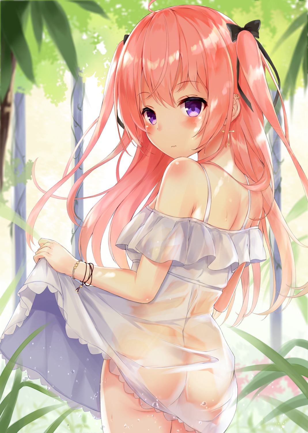 aokabi_(aokabic) ass dress nopan see_through skirt_lift summer_dress wet wet_clothes