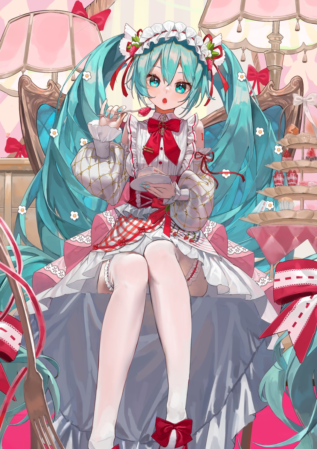 hatsune_miku iinagi_(kashiwa_keira) lolita_fashion skirt_lift strawberry_miku tattoo thighhighs vocaloid