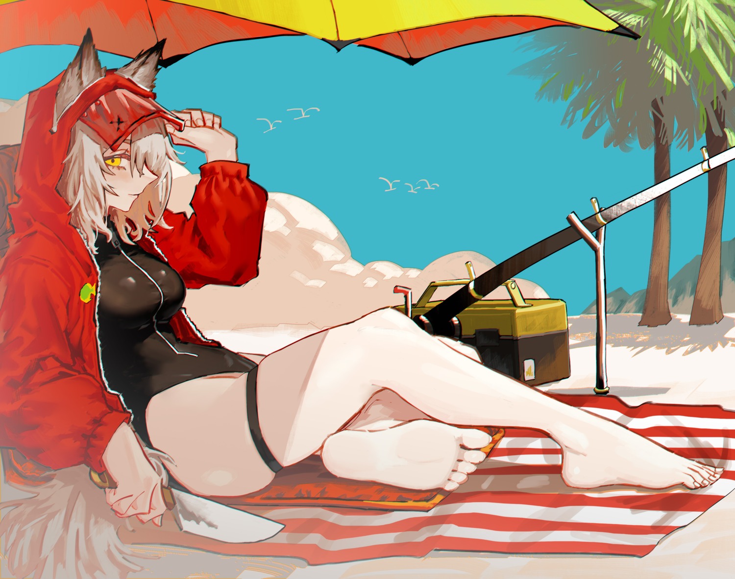 animal_ears arknights feet garter projekt_red_(arknights) renxzd swimsuits tail