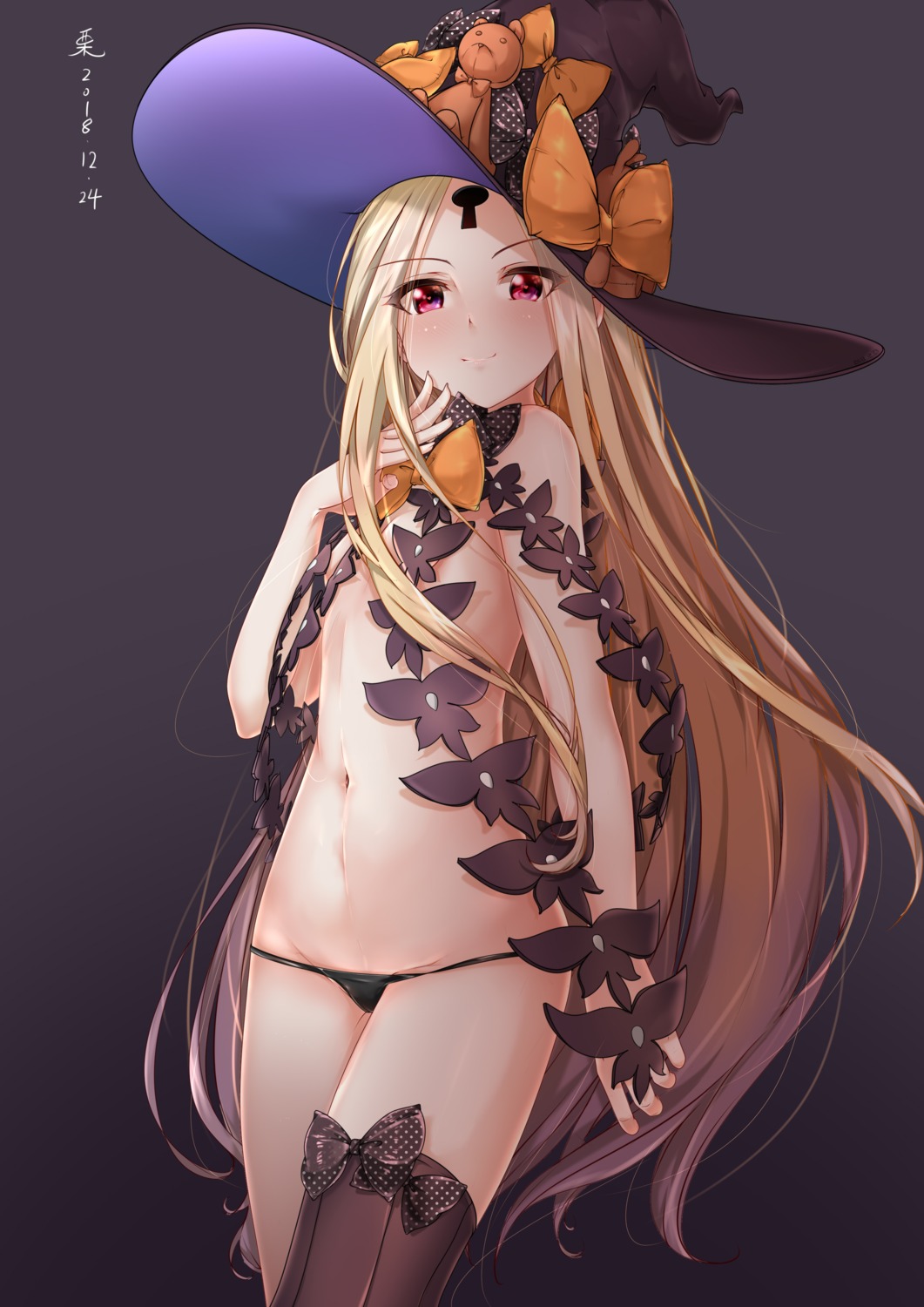 abigail_williams_(fate) fate/grand_order kuriko_(artist) loli pantsu thighhighs topless witch