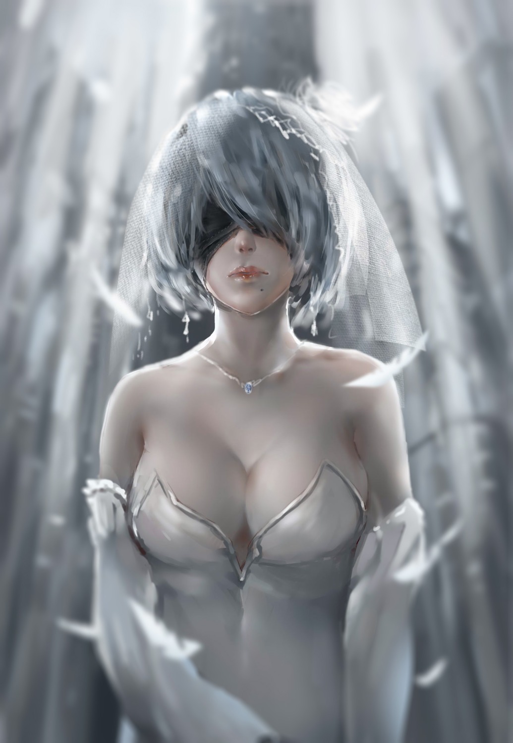 cleavage dress nier_automata shinkai_meguru wedding_dress yorha_no.2_type_b