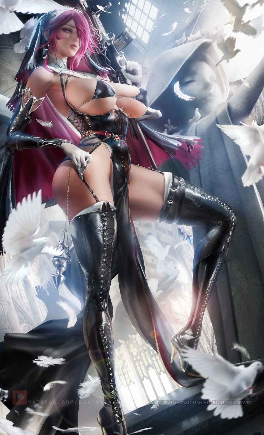 bra garter genshin_impact gun heels nopan nun rosaria sakimichan stockings thighhighs