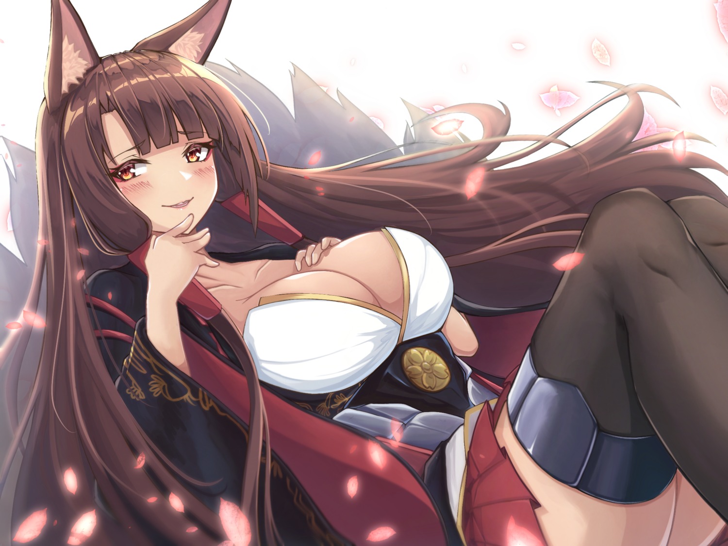 akagi_(azur_lane) animal_ears azur_lane japanese_clothes kitsune no_bra oserotto skirt_lift tail thighhighs