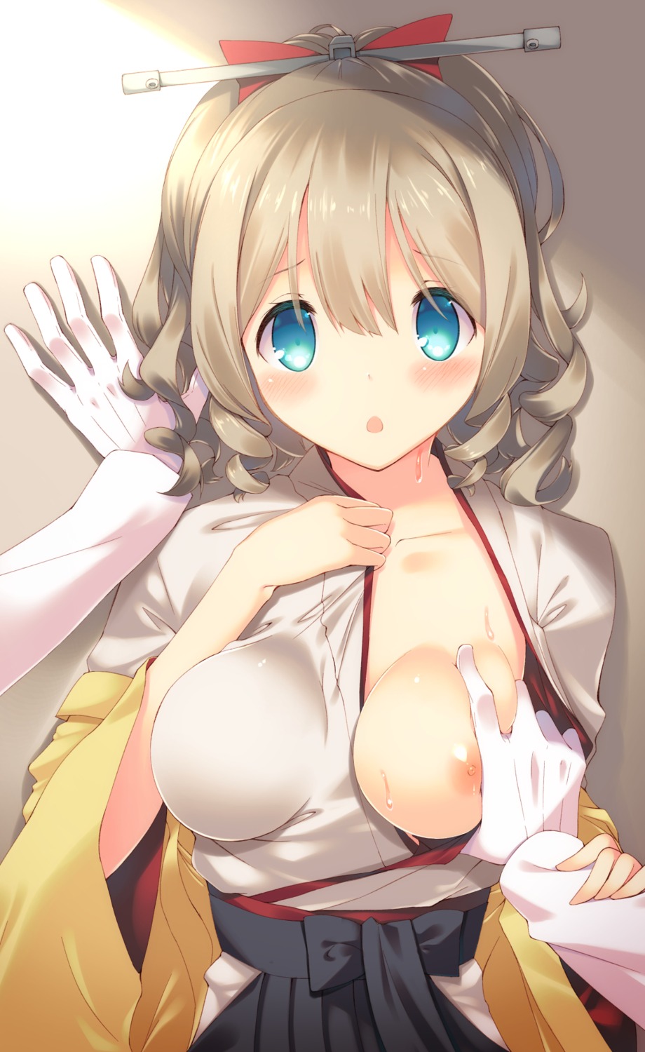 breast_grab breasts hatakaze_(kancolle) japanese_clothes kantai_collection mutsuno_hekisa nipples no_bra open_shirt