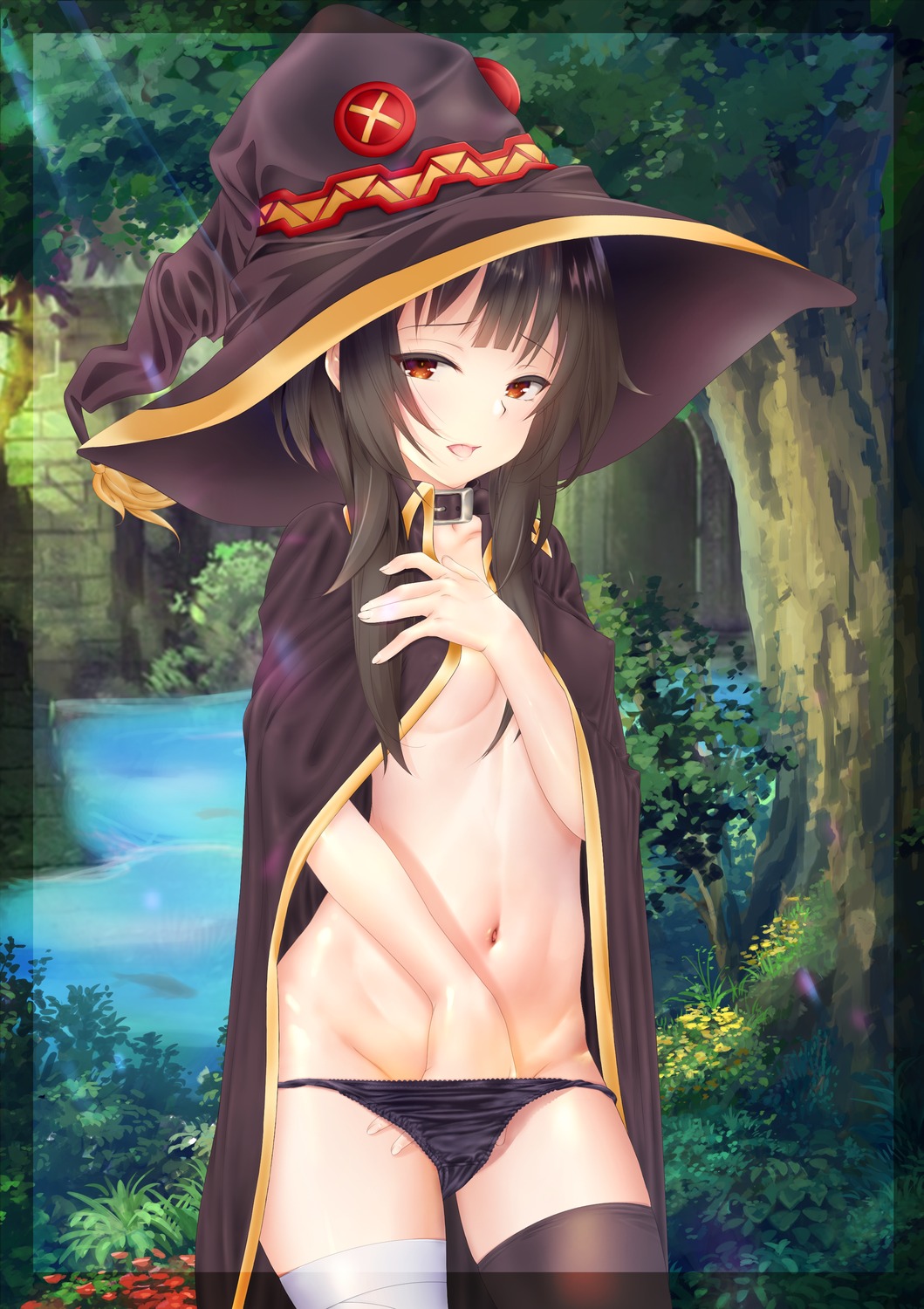 breast_hold kono_subarashii_sekai_ni_shukufuku_wo! m!nt masturbation megumin naked_cape pantsu panty_pull thighhighs witch