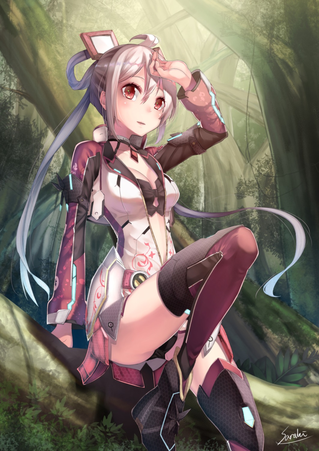 bra cleavage matoi_(pso2) open_shirt pantsu phantasy_star_online phantasy_star_online_2 saraki thighhighs