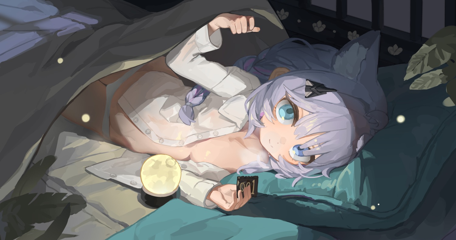 dress_shirt heterochromia kele_mimi loli no_bra open_shirt pantsu see_through sheets