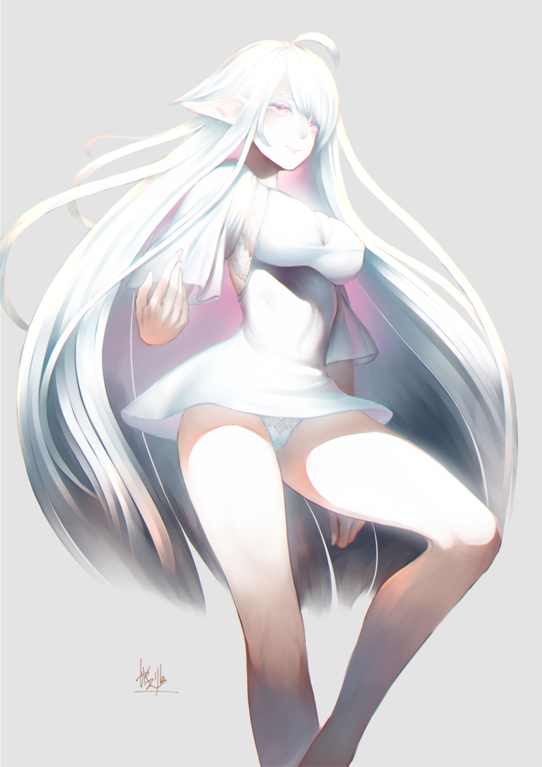 cleavage dress elf erect_nipples kawarage pantsu pointy_ears see_through skirt_lift