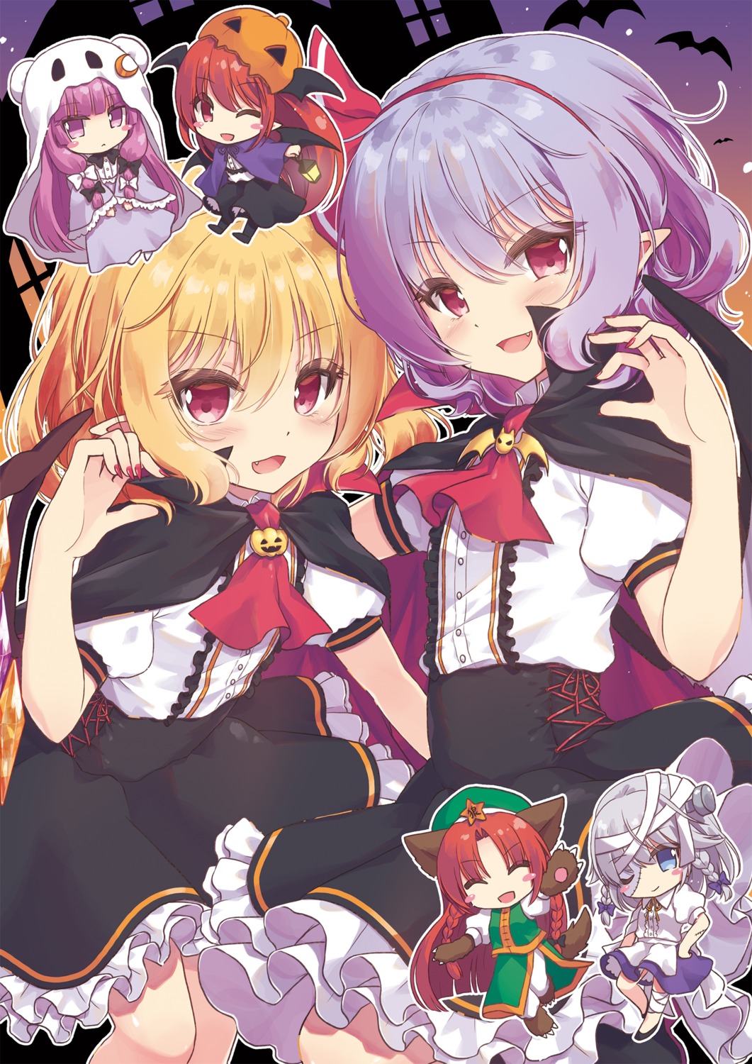 animal_ears bandages beni_kurage chibi flandre_scarlet halloween hong_meiling izayoi_sakuya koakuma patchouli_knowledge pointy_ears remilia_scarlet tail touhou wings