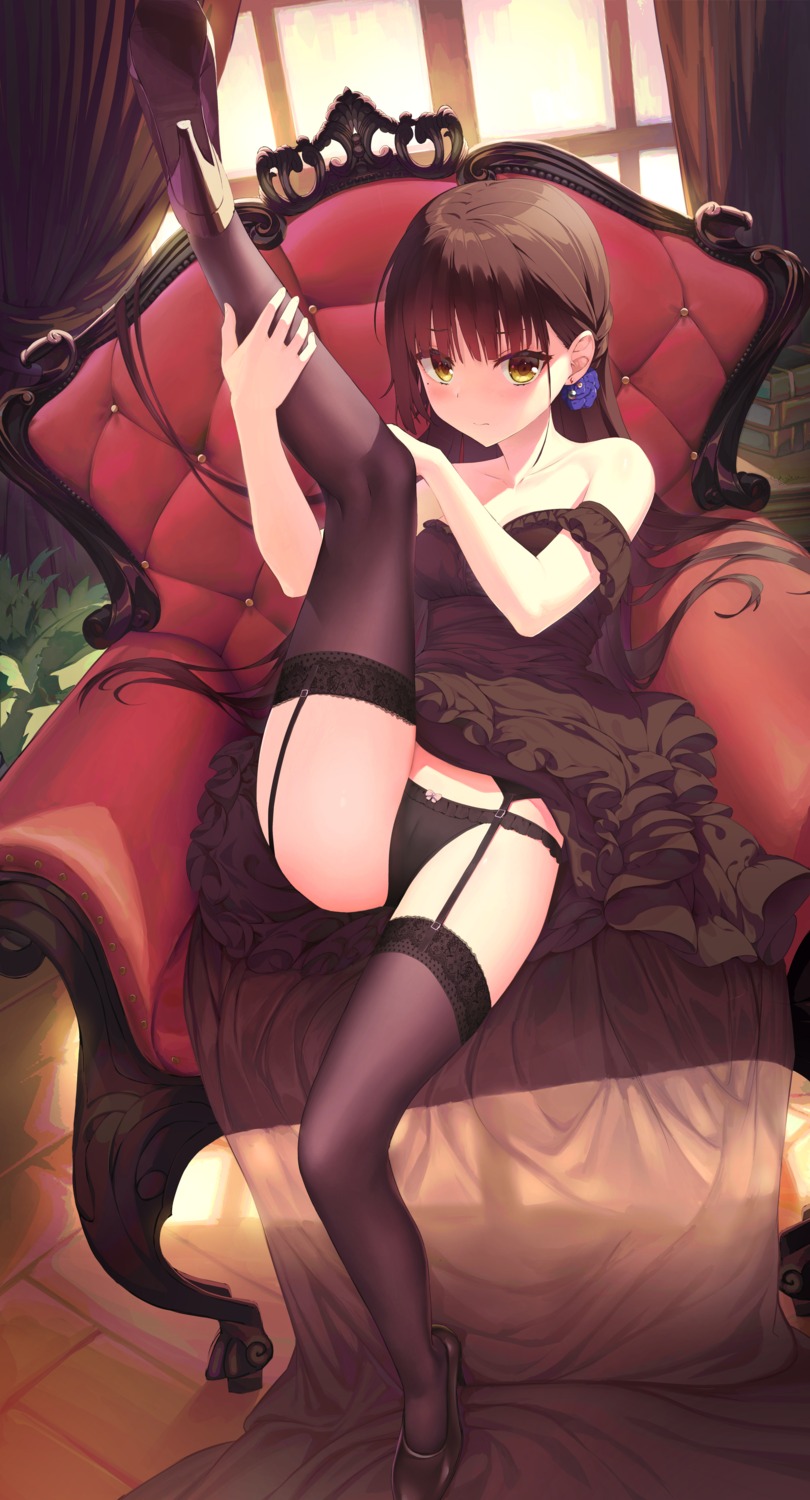 cafe_stella_to_shinigami_no_chou dress haku89 heels no_bra pantsu shiki_natsume skirt_lift stockings thighhighs