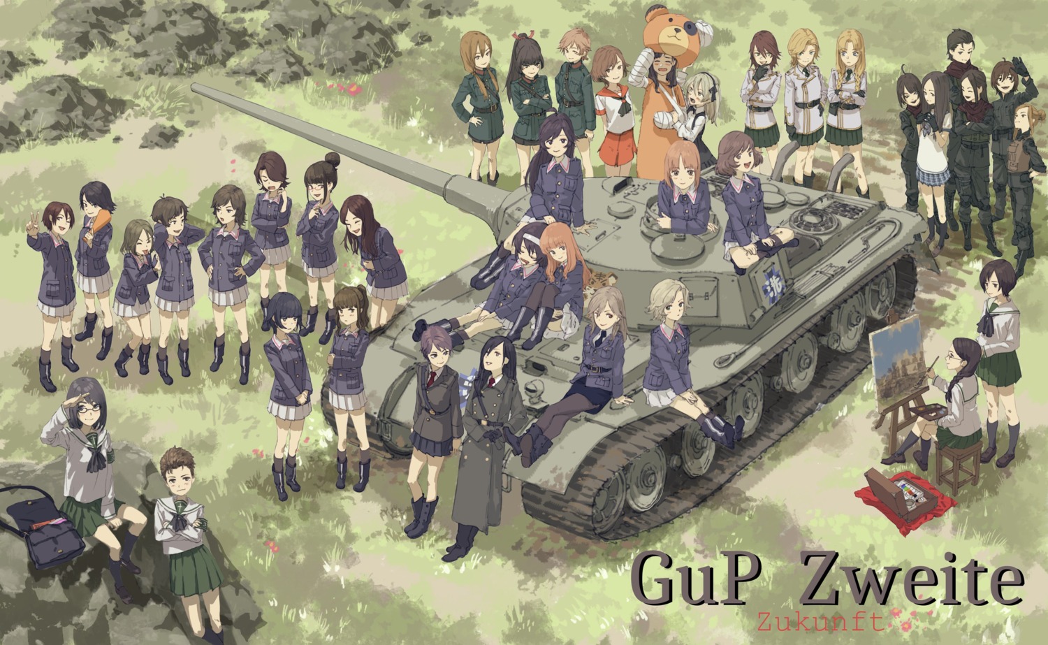 akiyama_yukari bandages girls_und_panzer isuzu_hana megane nishizumi_maho pantyhose reizei_mako seifuku shimada_arisu thighhighs uniform zennosuke