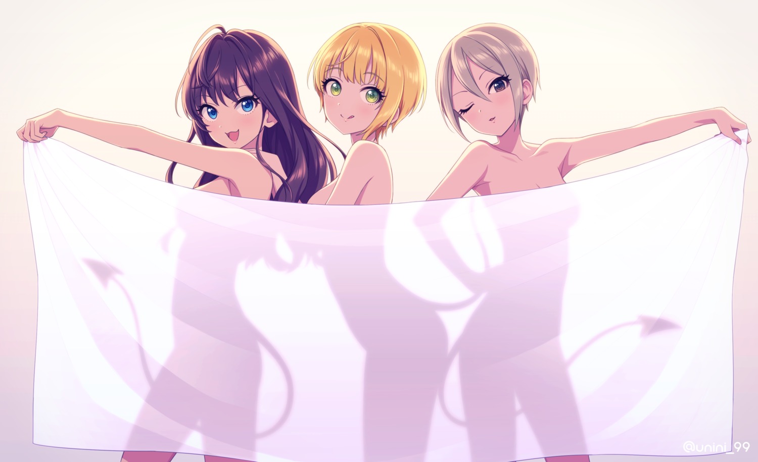 agata_(agatha) ichinose_shiki miyamoto_frederica naked shiomi_shuuko tail the_idolm@ster the_idolm@ster_cinderella_girls unini_99