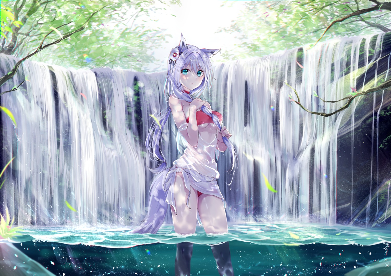 animal_ears bikini meen_(ouaughikepdvrsf) open_shirt see_through swimsuits tail wet wet_clothes