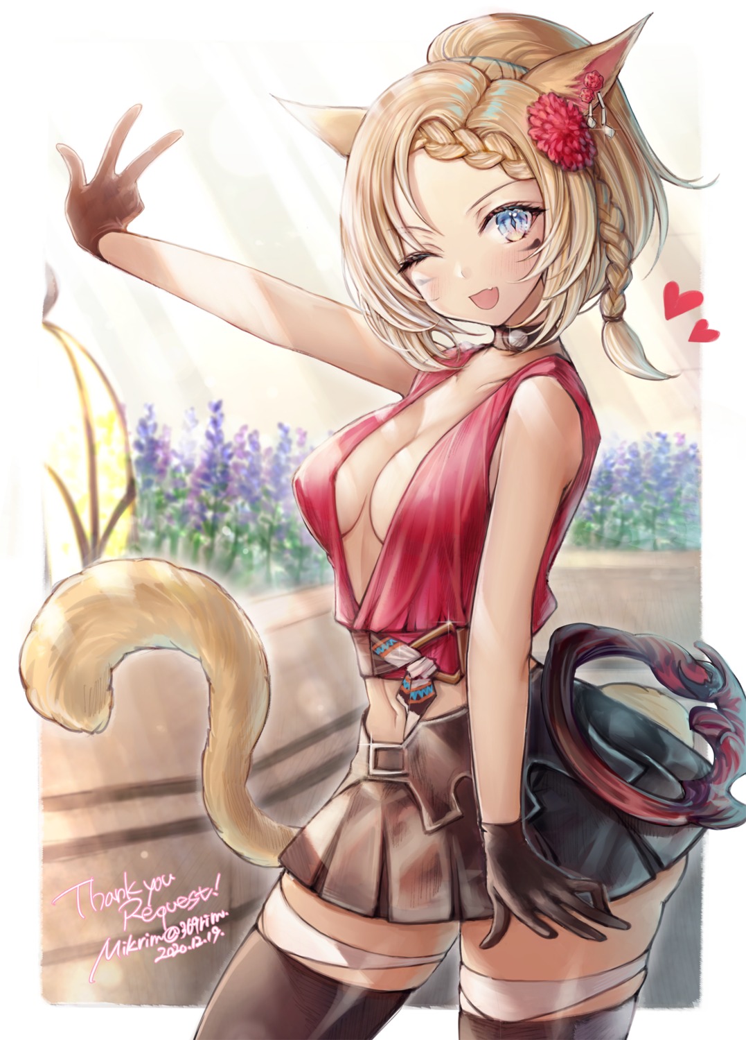 animal_ears artist_revision final_fantasy final_fantasy_xiv garter miqo'te mirukurim no_bra tail thighhighs