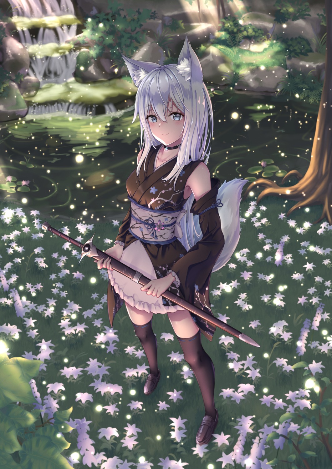 animal_ears japanese_clothes marinesnow sword tail thighhighs