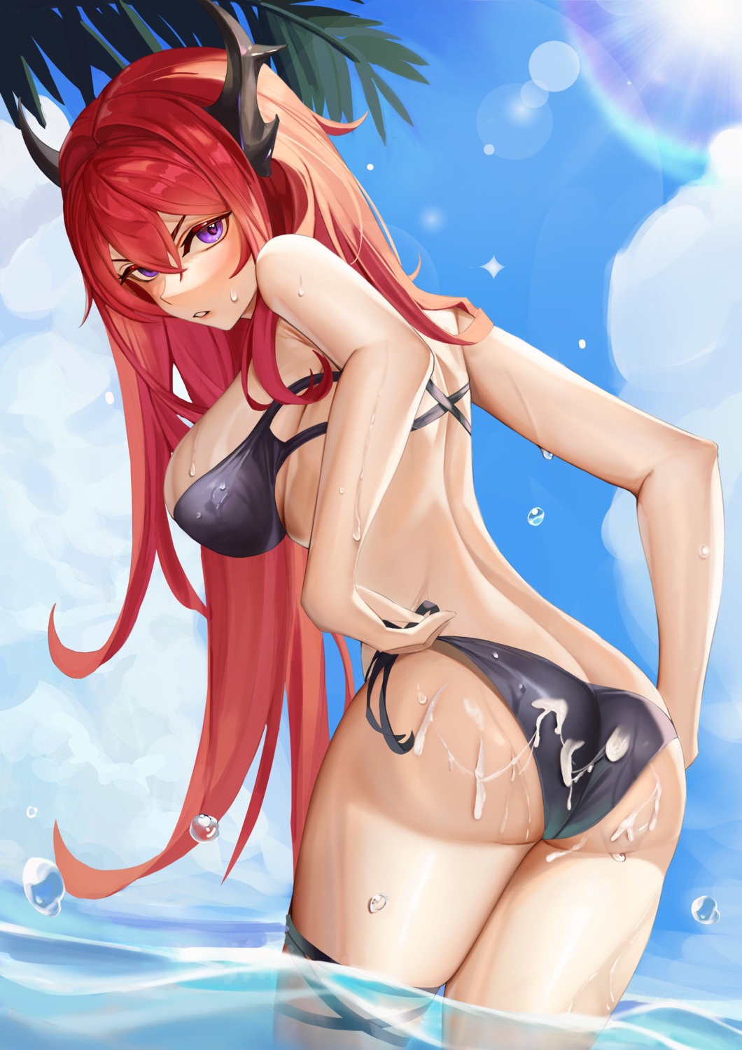 arknights bikini cream garter horns renleiwanyier surtr_(arknights) swimsuits wet