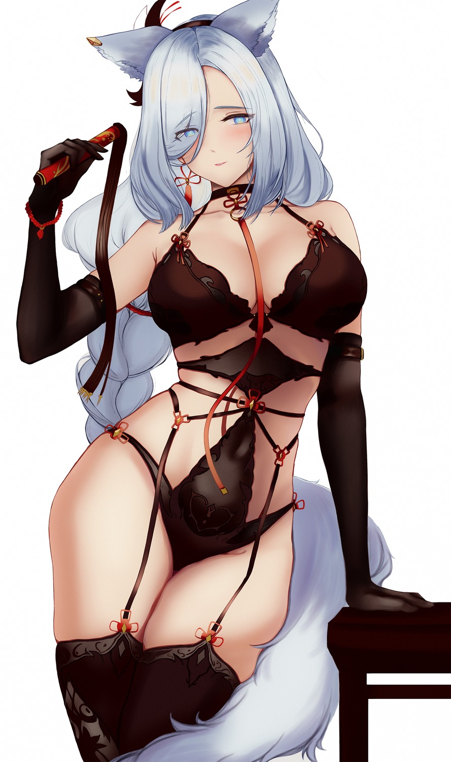 animal_ears artist_revision autumn_boar bra genshin_impact lingerie shenhe stockings tail thighhighs weapon