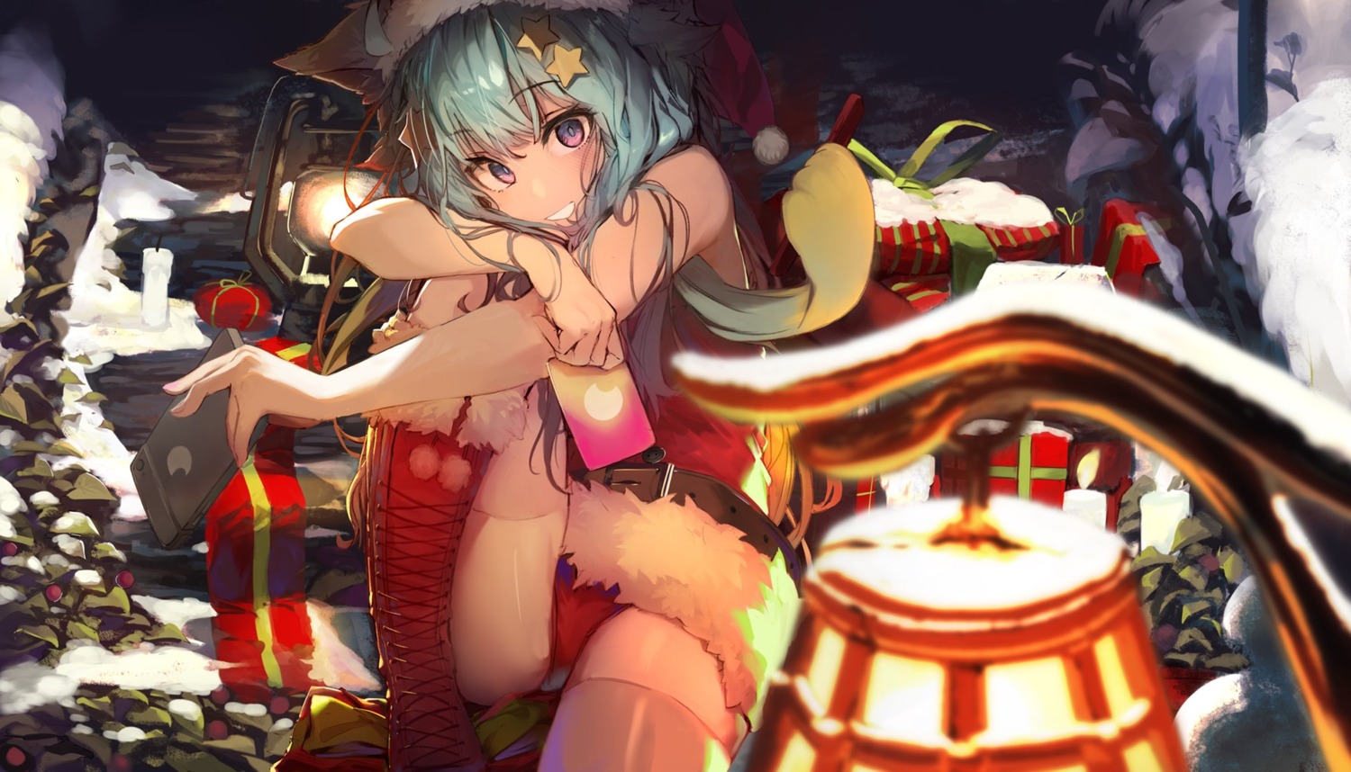 akieda animal_ears christmas lanmewko nekomimi pantsu thighhighs