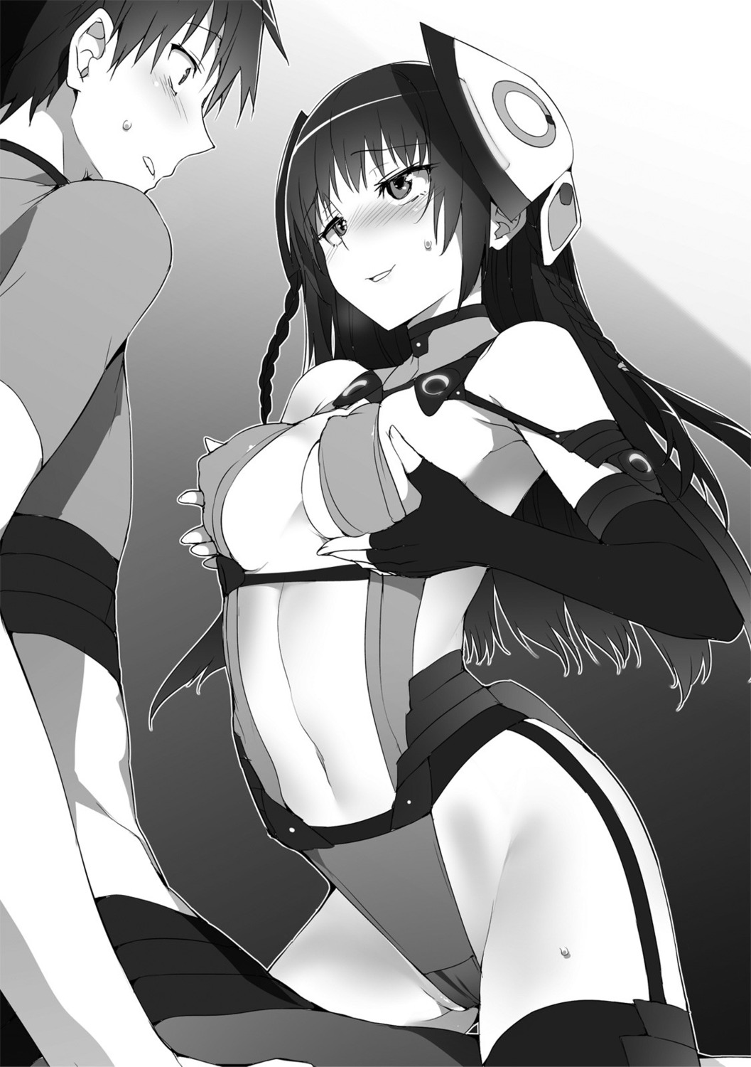 breast_hold cameltoe erect_nipples himekawa_hayuru hisasi leotard masou_gakuen_hxh monochrome no_bra stockings thighhighs