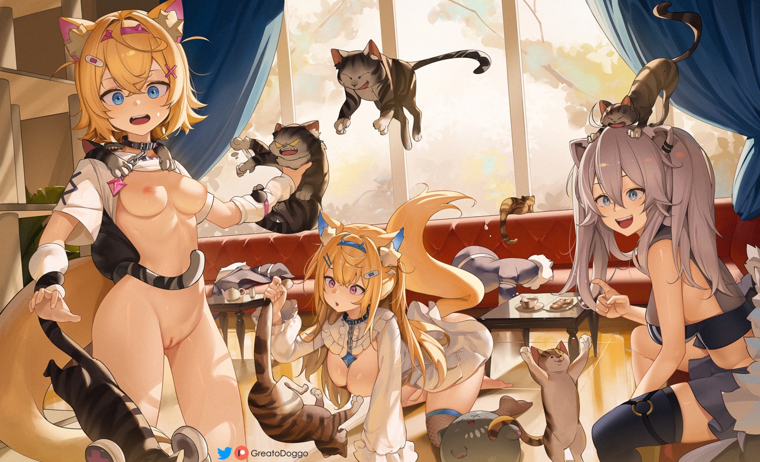 animal_ears bandaid bottomless breasts fishnets fuwawa_abyssgard garter greatodoggo hololive hololive_english inumimi mococo_abyssgard neko nipples no_bra pussy shirt_lift shishiro_botan skirt_lift tail thighhighs uncensored undressing wardrobe_malfunction