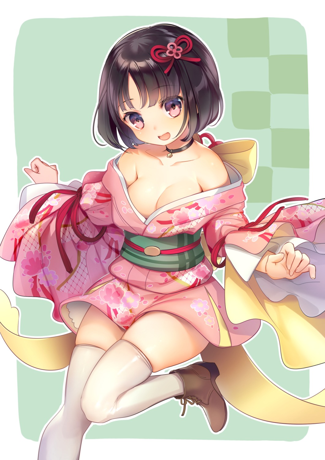 heels japanese_clothes mg_kurino no_bra open_shirt skirt_lift thighhighs