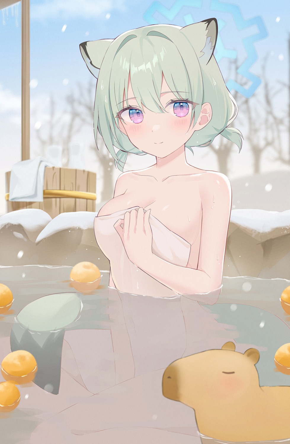 animal_ears blue_archive breast_hold halo mayoi_shigure naked onsen towel wet yagen_(user_mxur3238)