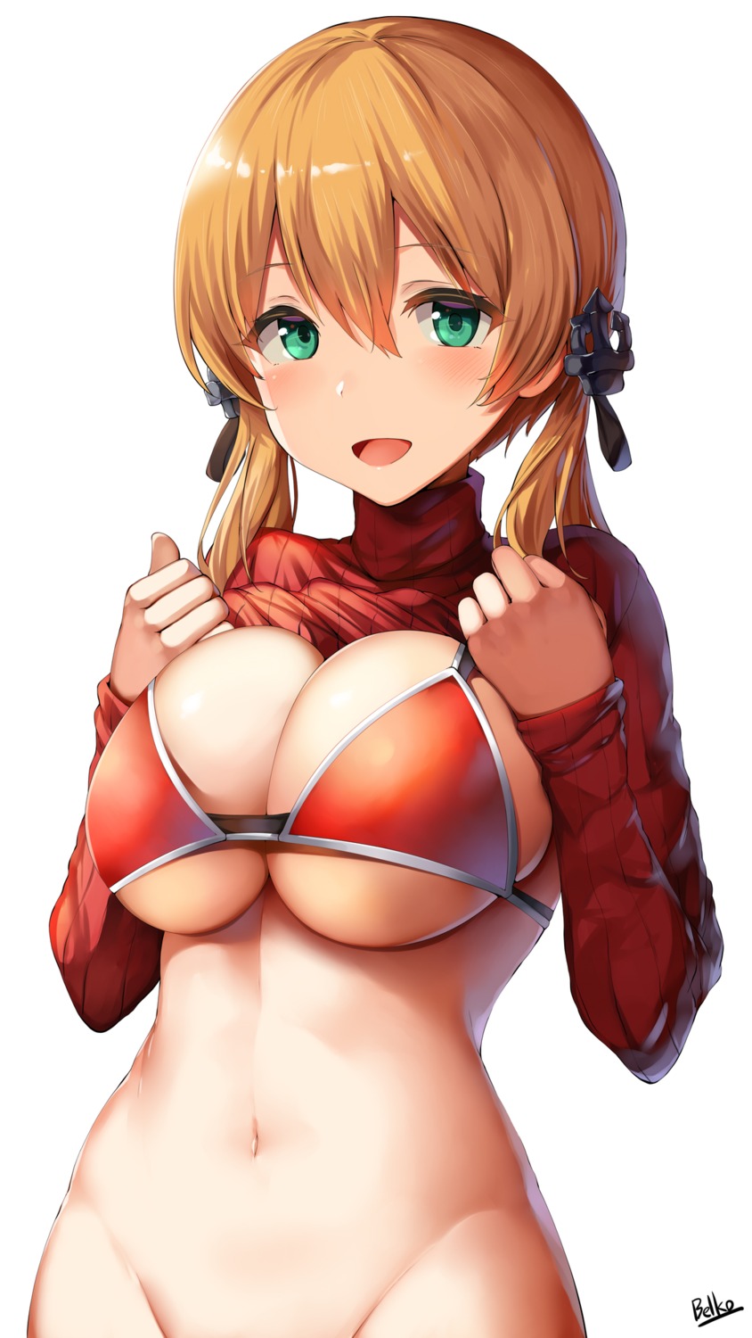 belko bikini_top bottomless breast_hold cleavage kantai_collection prinz_eugen_(kancolle) shirt_lift sweater swimsuits underboob