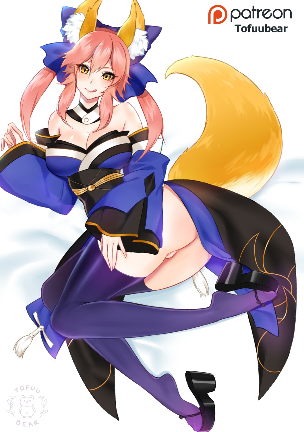 animal_ears ass fate/grand_order japanese_clothes kitsune no_bra nopan pussy skirt_lift tail tamamo_no_mae thighhighs tofuubear uncensored