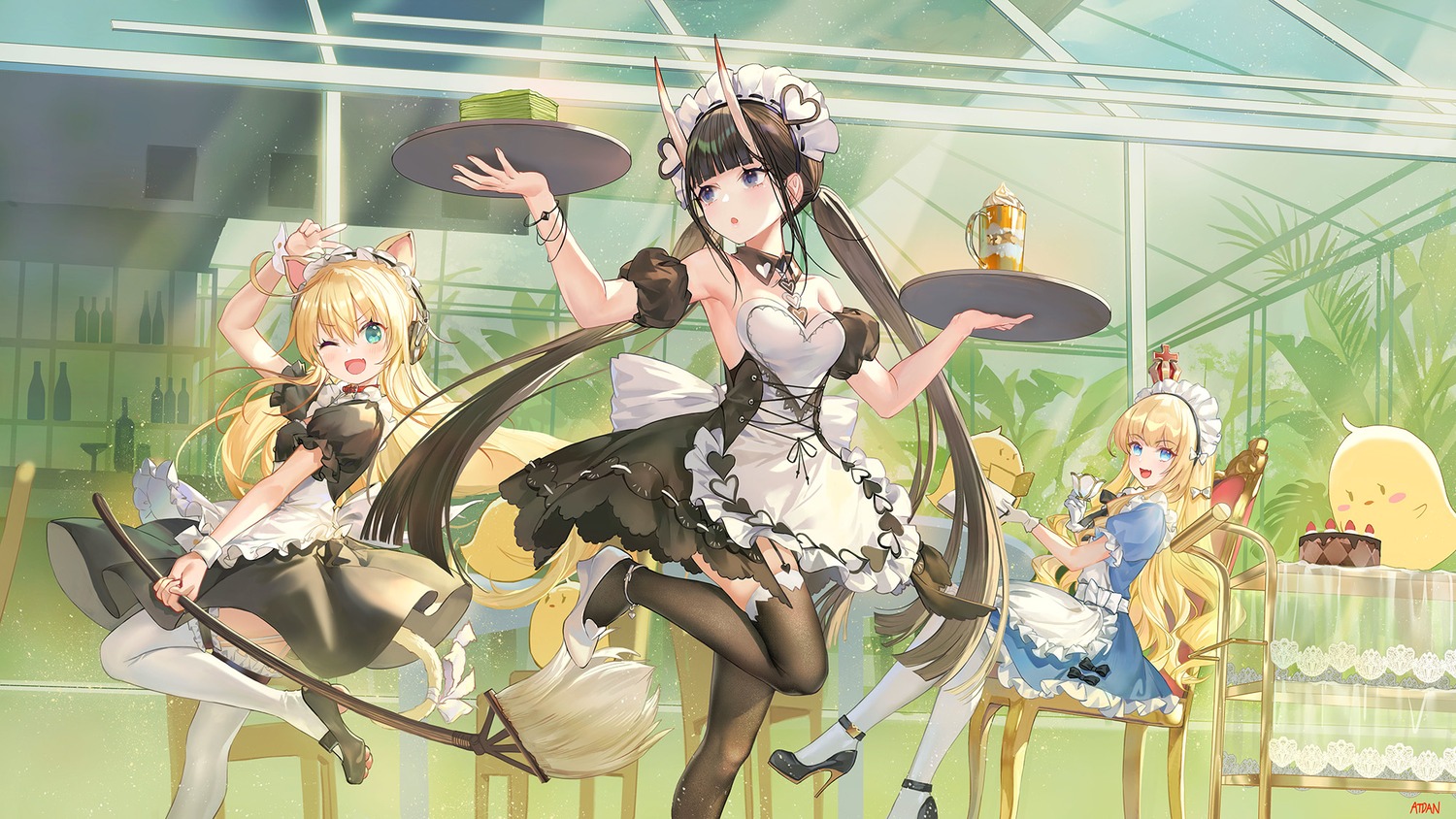 albacore_(azur_lane) animal_ears atdan azur_lane headphones heels horns maid manjuu_(azur_lane) nekomimi noshiro_(azur_lane) pantyhose queen_elizabeth_(azur_lane) skirt_lift stockings tail thighhighs