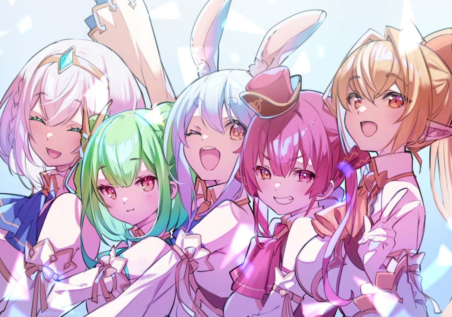 animal_ears bunny_ears bunny_girl elf heterochromia hololive houshou_marine pointy_ears shiranui_flare shirogane_noel shuri_(artist) uniform uruha_rushia usada_pekora