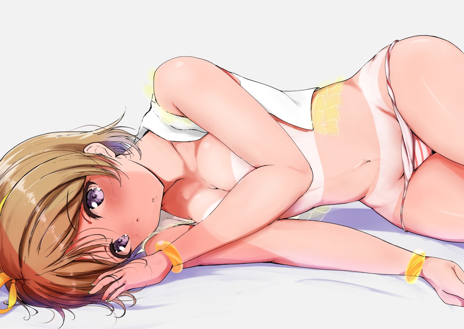 ankoiri koizumi_hanayo love_live! nipples no_bra open_shirt pantsu panty_pull shimapan tan_lines