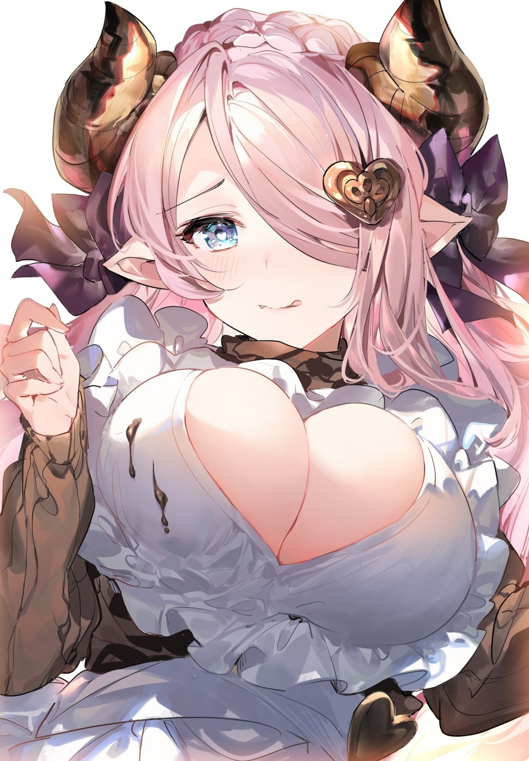 granblue_fantasy horns narumeia_(granblue_fantasy) no_bra open_shirt pointy_ears sweater umibouzu