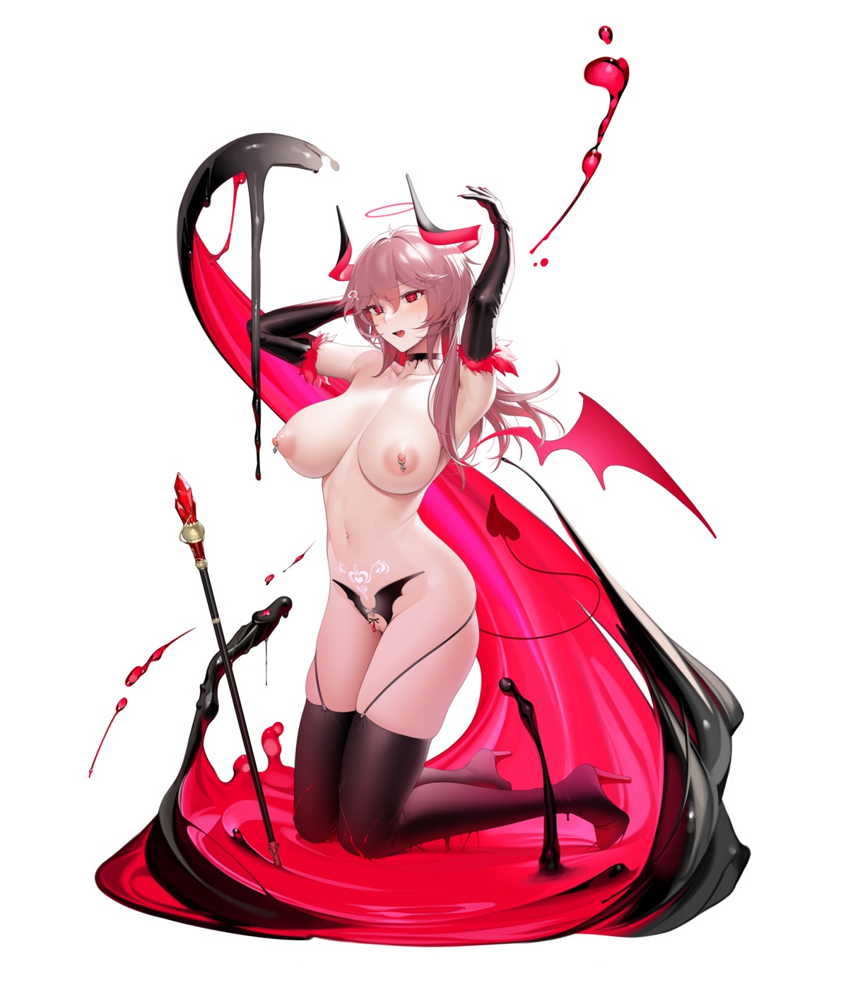 azur_lane duca_degli_abruzzi_(azur_lane) heels horns naked nipples ohisashiburi stockings tail tattoo thighhighs wings