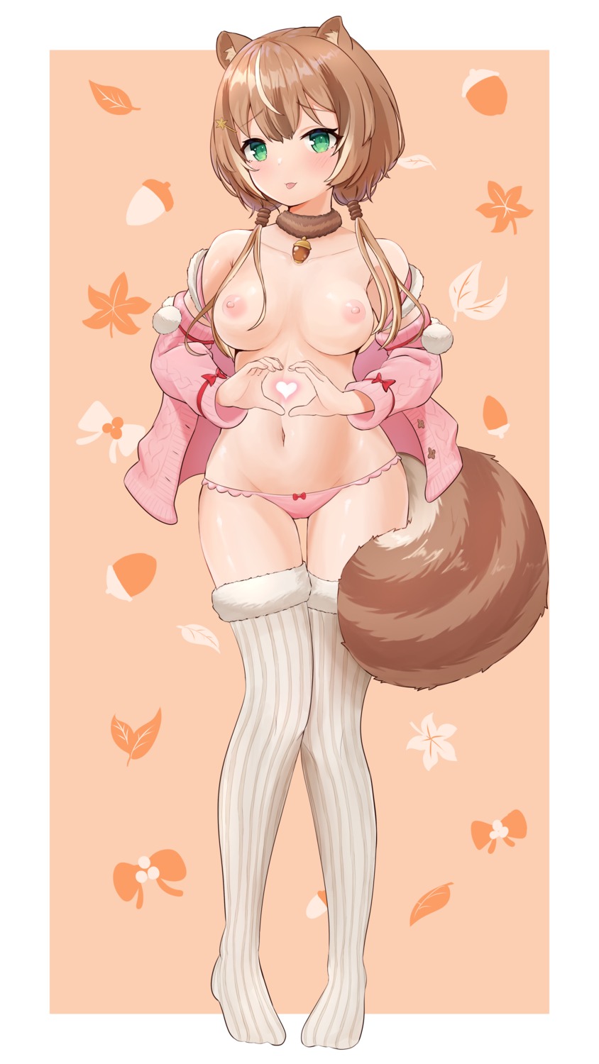 animal_ears ayunda_risu breasts hololive hololive_indonesia nipples no_bra open_shirt pantsu tail telomere thighhighs