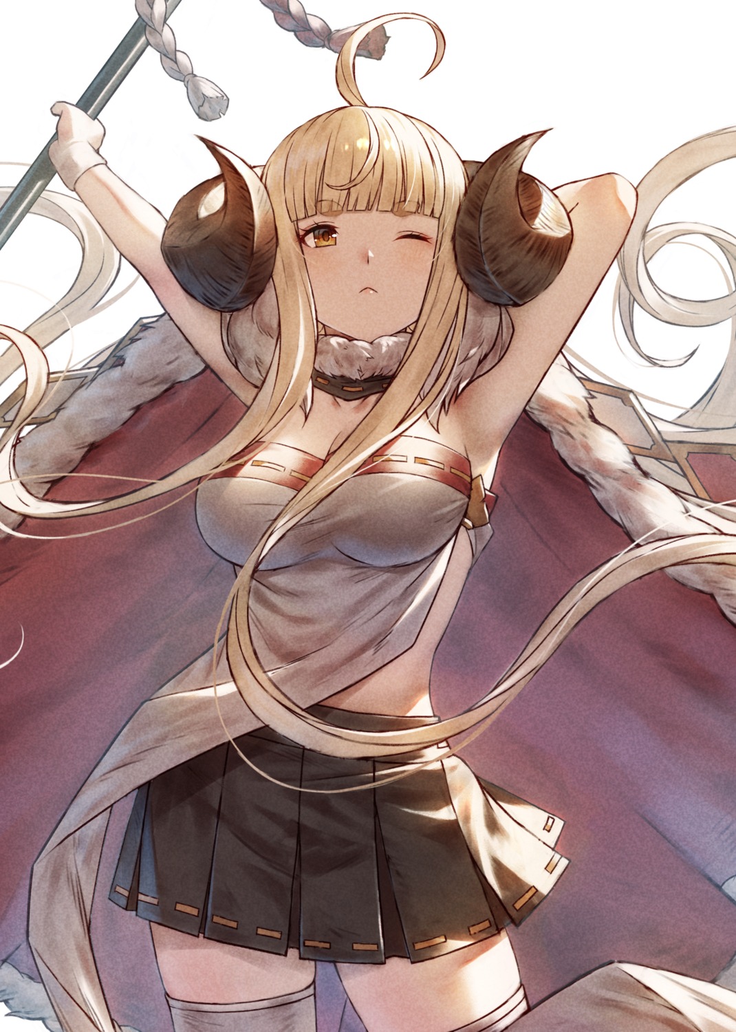 anila_(granblue_fantasy) fagi_(kakikaki) granblue_fantasy horns no_bra thighhighs weapon