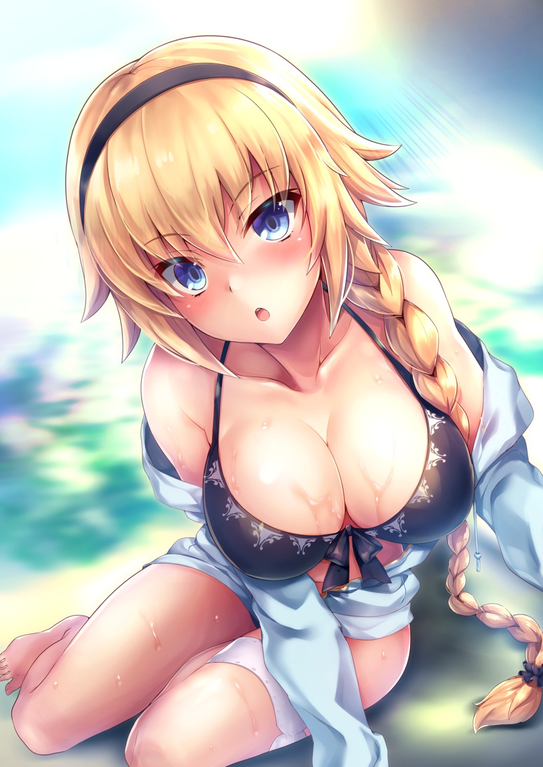 bikini cleavage fate/apocrypha fate/grand_order fate/stay_night garter jeanne_d'arc jeanne_d'arc_(fate) open_shirt samoore swimsuits wet