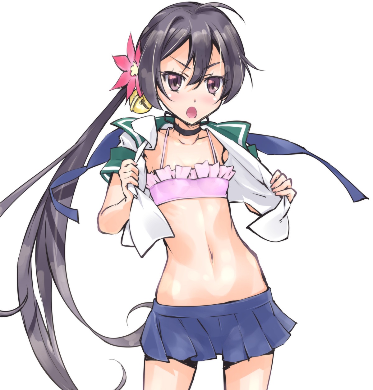 akebono_(kancolle) bike_shorts bikini_top kantai_collection open_shirt seifuku suzuki24 swimsuits undressing