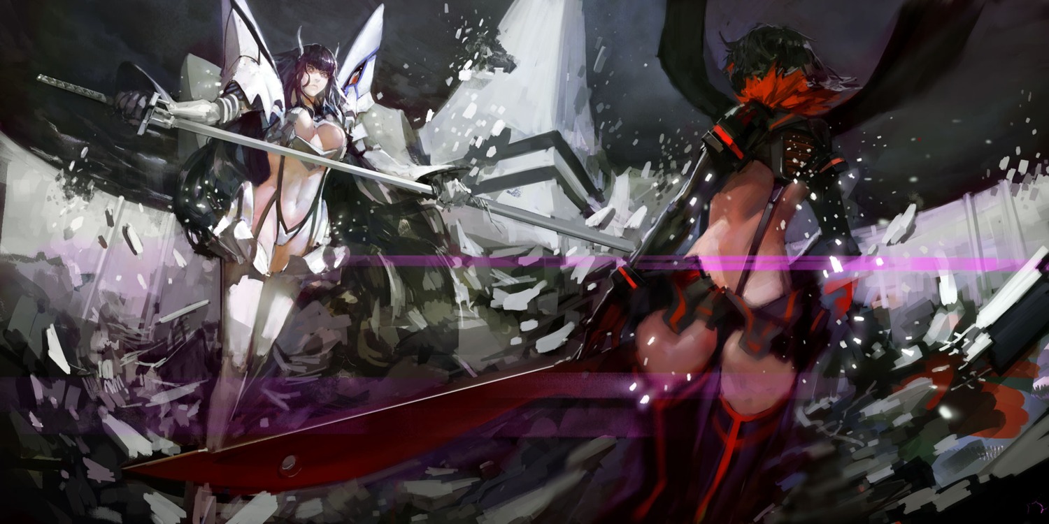 blueman cleavage junketsu kill_la_kill kiryuuin_satsuki matoi_ryuuko senketsu sword thighhighs