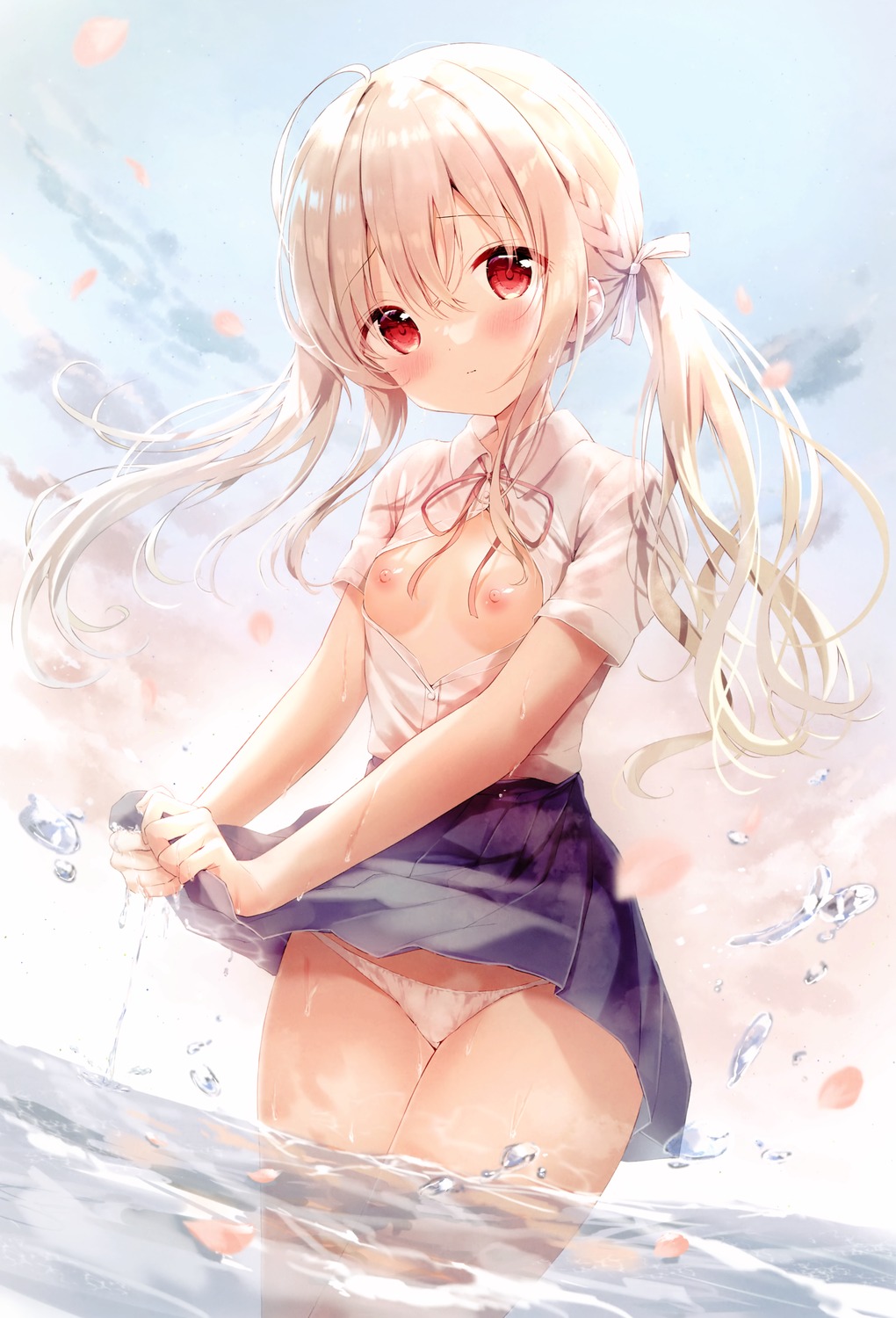 amedama_con breasts nipples no_bra pantsu photoshop see_through seifuku shirousa_mei skirt_lift wet wet_clothes