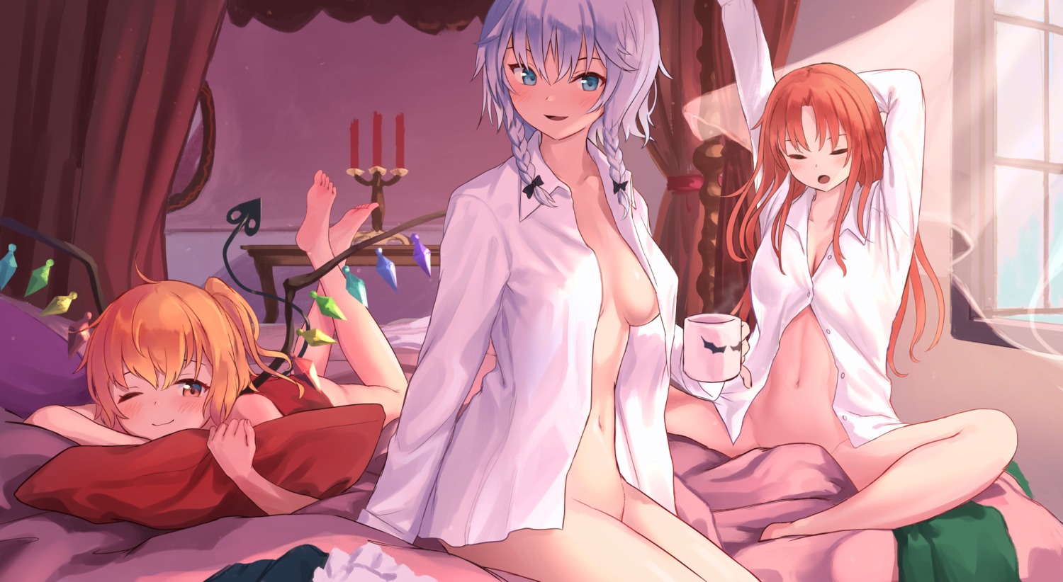 bottomless cleavage dress_shirt flandre_scarlet hong_meiling izayoi_sakuya open_shirt tail touhou wings