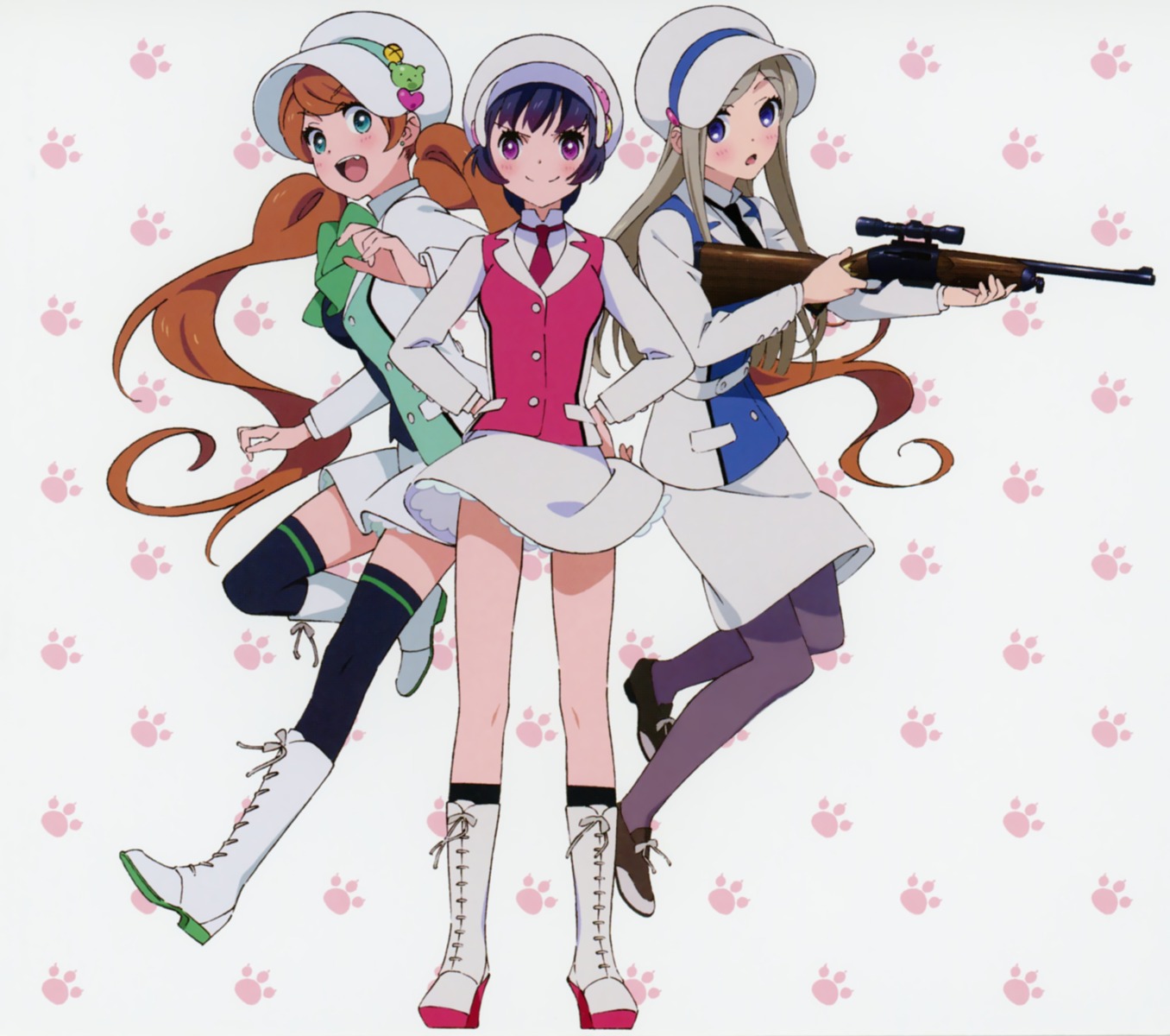 gun heels skirt_lift tagme thighhighs tsubaki_kureha yuri_kuma_arashi yurigasaki_ruru yurishiro_ginko