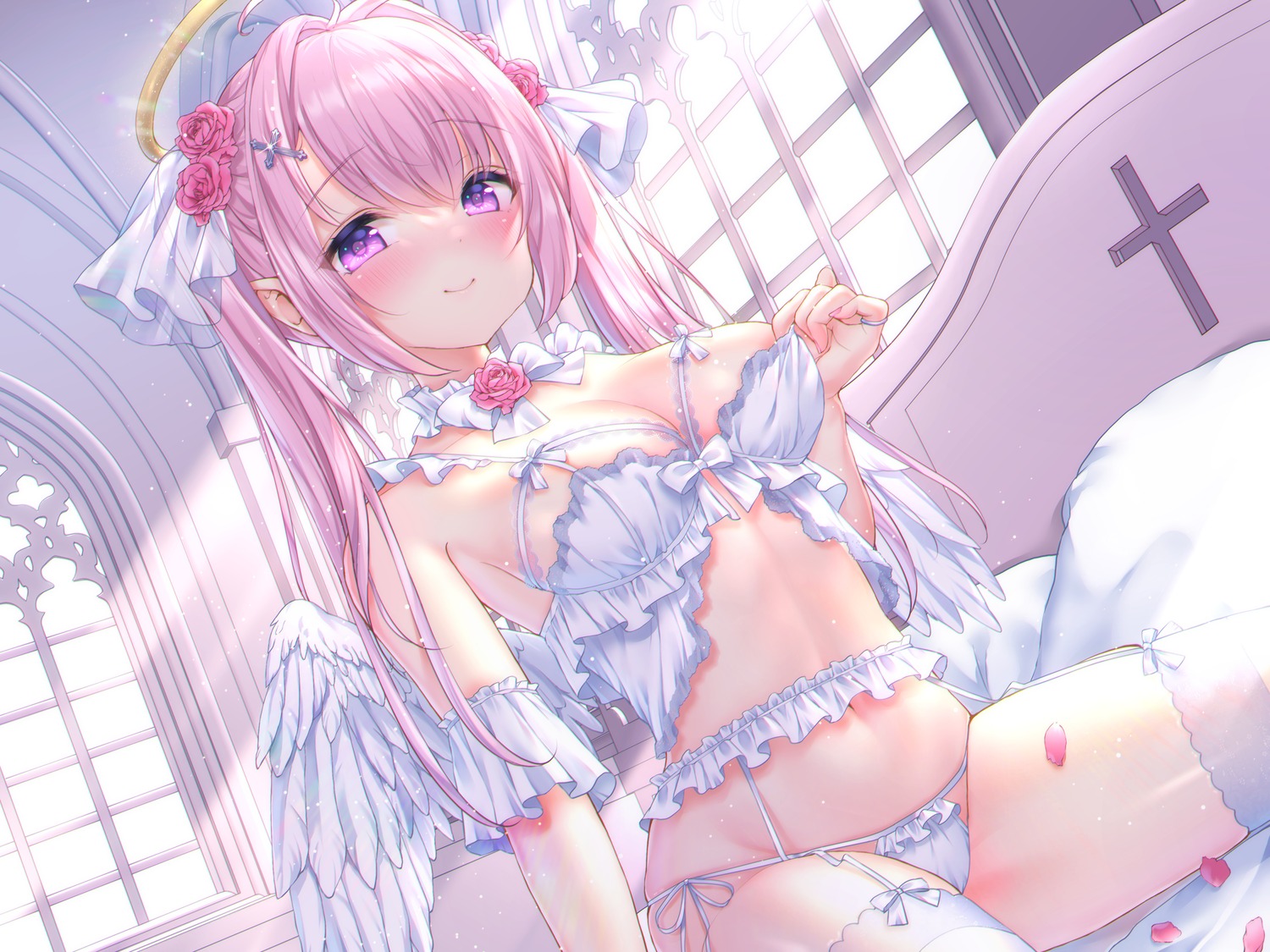 angel areola bra garter_belt lingerie pantsu stockings string_panties thighhighs thong undressing wings yuyuko_(yuyucocco)