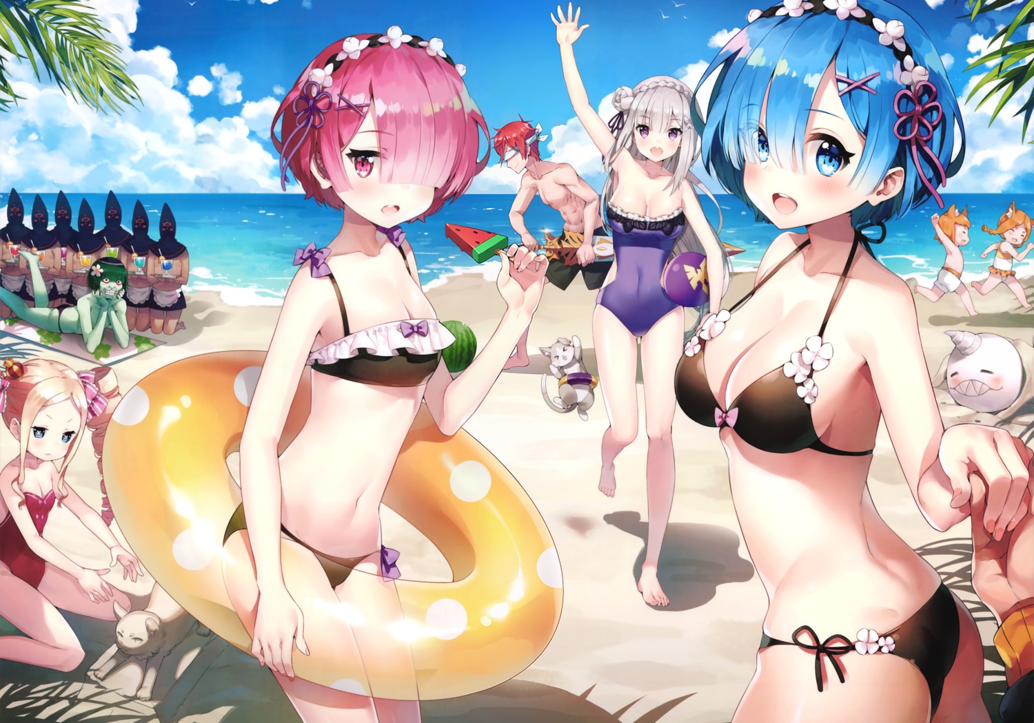 animal_ears ass ayamy bikini cleavage emilia_(re_zero) hachigo neko ram_(re_zero) re_zero_kara_hajimeru_isekai_seikatsu rem_(re_zero) swimsuits sword topless