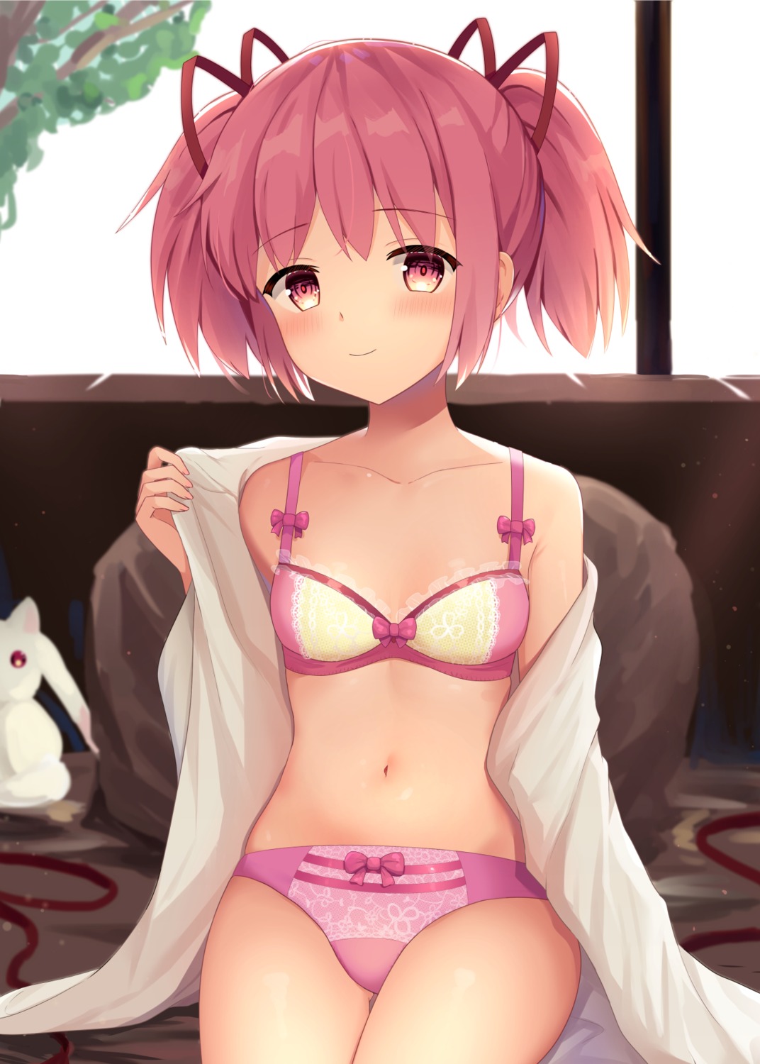 bra kaname_madoka kkkk12103 kyubey loli mahou_shoujo_madoka_magica open_shirt pantsu undressing