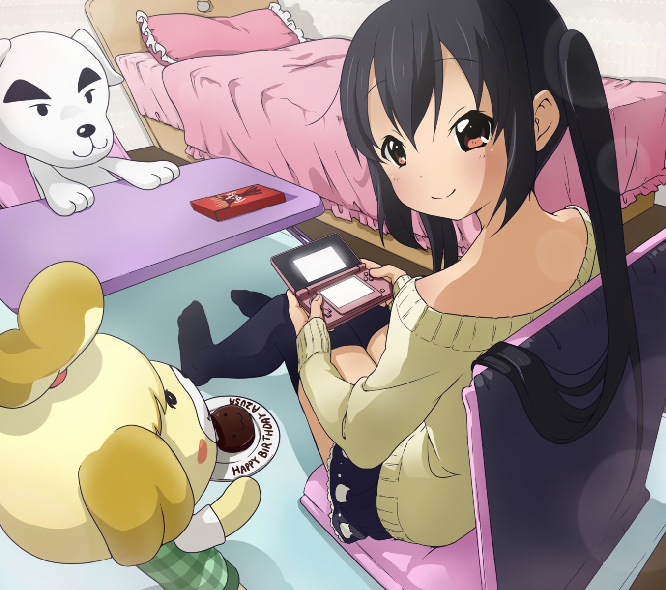 crossover doubutsu_no_mori k-on! k.k._slider nakano_azusa shizue_(doubutsu_no_mori) thighhighs waki_(pixiv2609622)