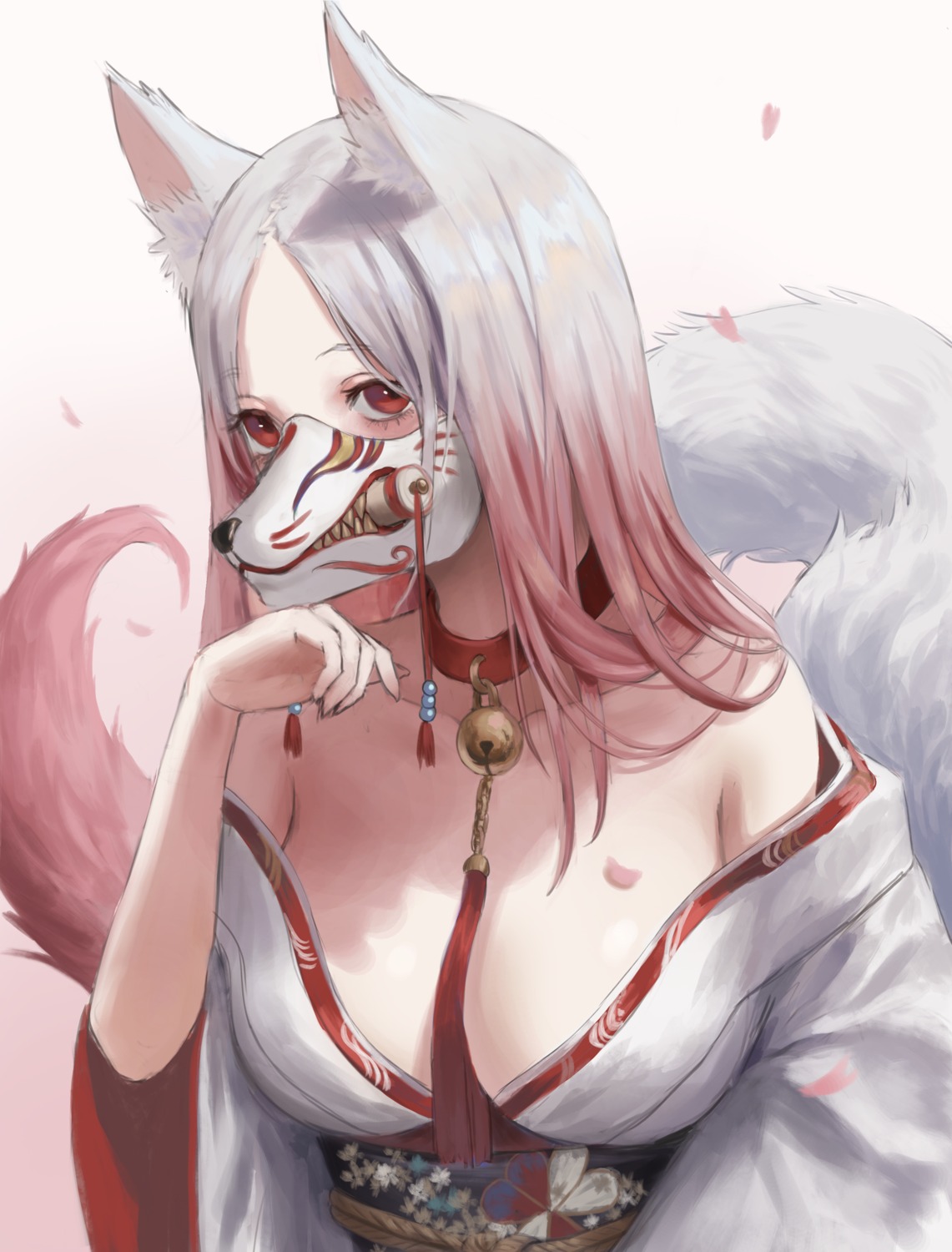 animal_ears gold_can japanese_clothes kitsune no_bra open_shirt tail