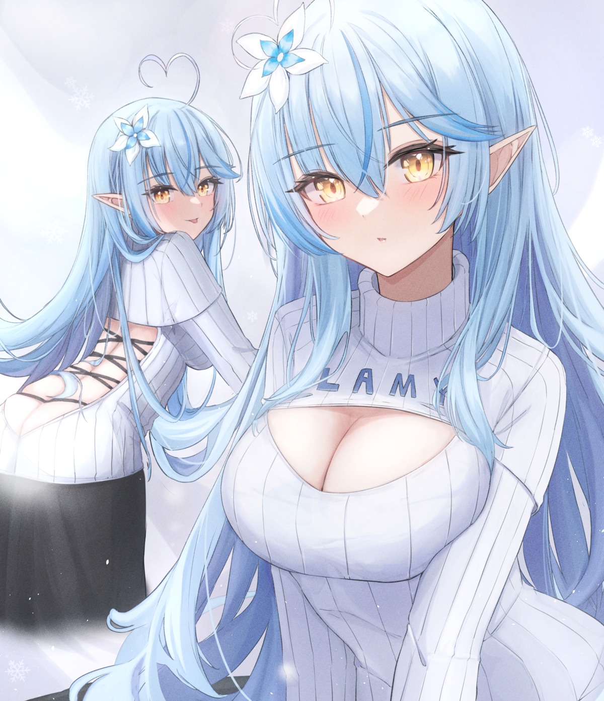 cleavage elf hololive mofu07519 no_bra nopan pointy_ears sweater yukihana_lamy